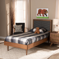 Baxton Studio Tasha-Dark Grey/Walnut-Twin Tasha Mid-Century Modern Dark Grey Fabric Upholstered and Walnut brown Finished Wood Twin Size Platform Bedn